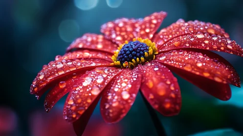 Daisy Specimen Under Hydrophobic Lens: Red Petals with Blue Disk.
