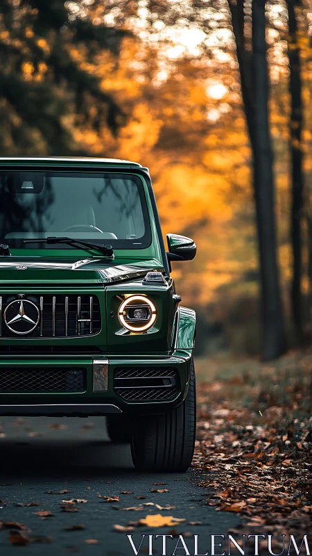 Autumn-lit front profile of emerald Mercedes G-Class SUV.