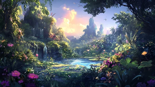 Luminous fantasy jungle lagoon under glowing sunset sky.