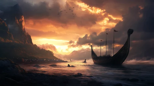 Viking longship under dramatic fjord sunset sky and clouds