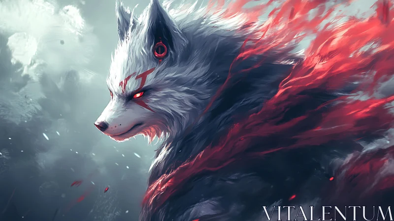 Spirit wolf ignites crimson energy against cold storm sky