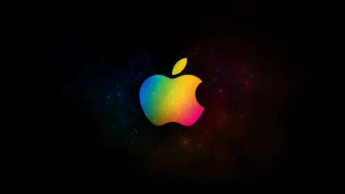 Rainbow gradient apple logo glows against cosmic black background.