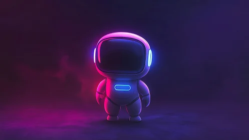 Neon-gleamed baby astronaut glows in a dreamy cosmic dusk.