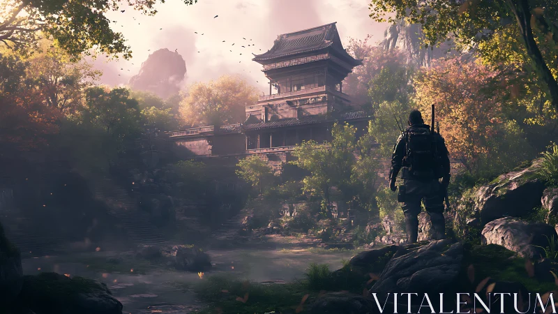 Lone wanderer approaches misty temple in autumn forest valley