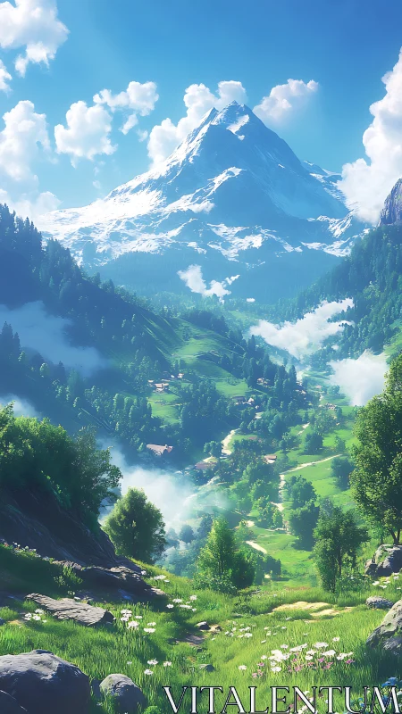 Sunlit alpine valley with snowcapped peak and scattered chalets