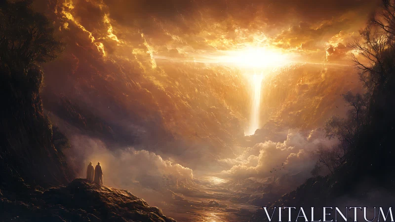 Pilgrims beneath the skyfall gate of molten dawn.