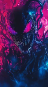 Neon-lit alien creature grinning in swirling cosmic shadows.