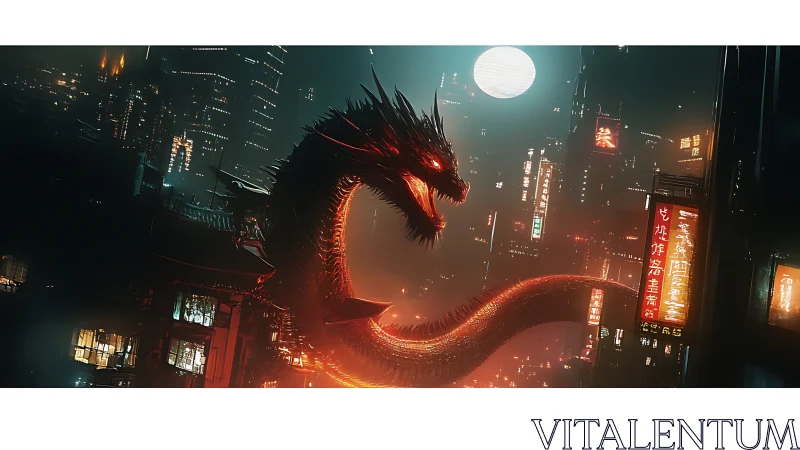 Neon sky dragon curling through a glowing future city.