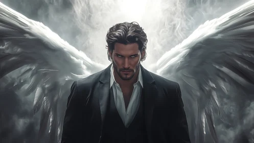 Male figure with wings in dark suit under diffuse backlight.