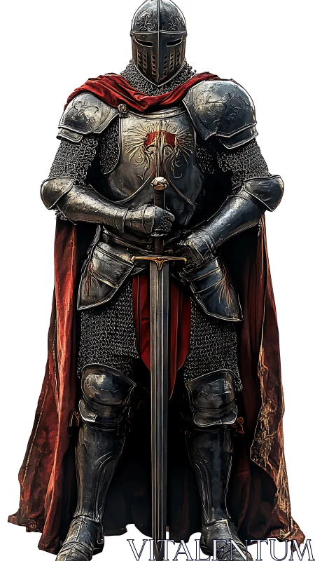 Steadfast armored knight standing with sword at rest.