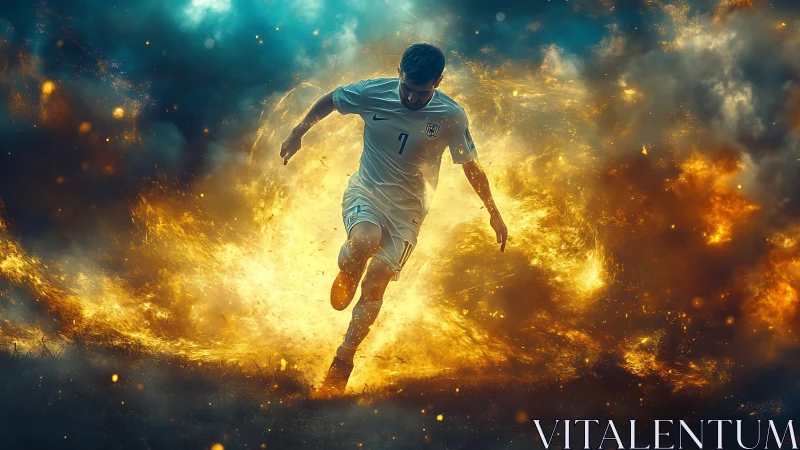 Soccer player charges through fiery explosion in dynamic motion