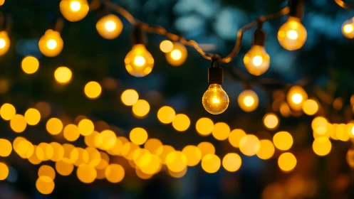 Golden string lights glow softly against a deep evening sky