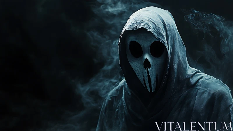 Hooded skull-masked specter emerges from swirling blue smoke