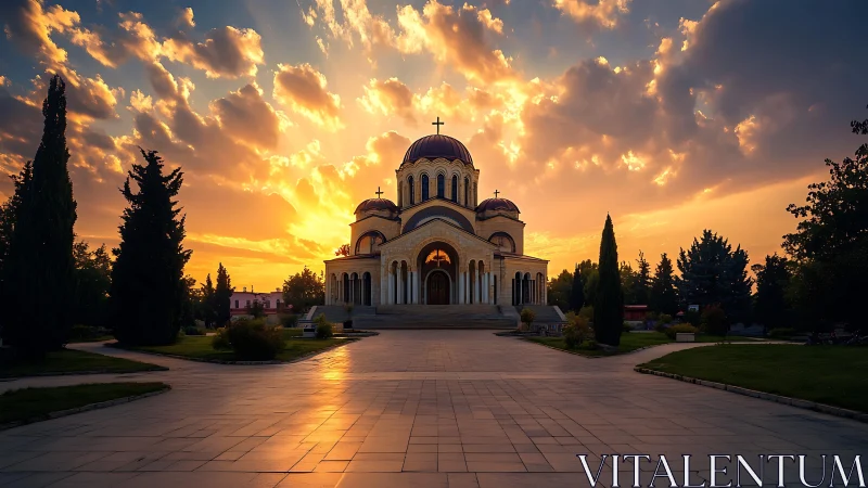 Orthodox basilica with domes at golden hour sunset glow
