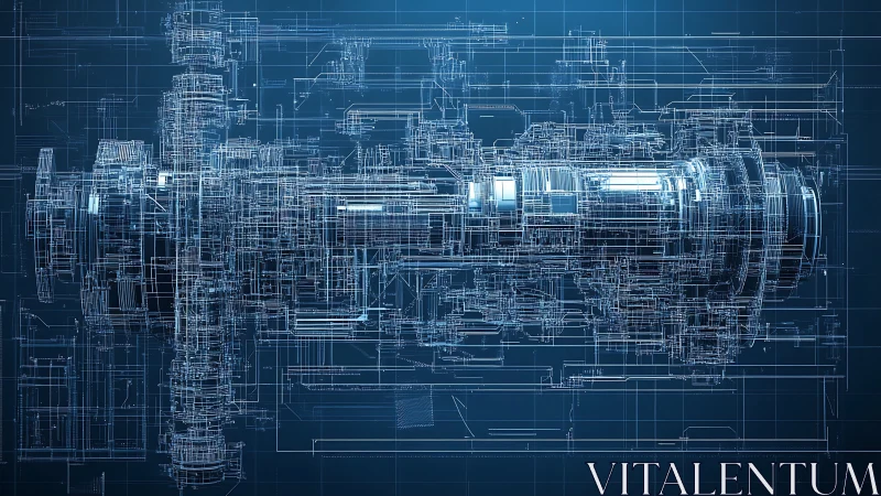 Futuristic engine blueprint glows within a digital grid space