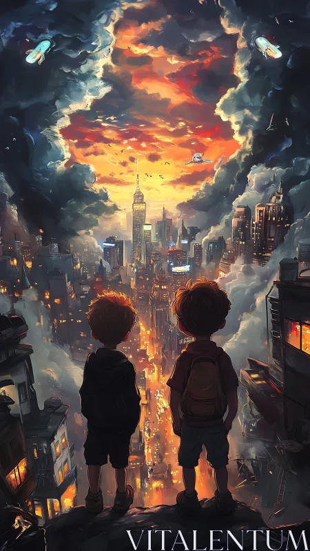 Two boys observe glowing cityscape under turbulent sky