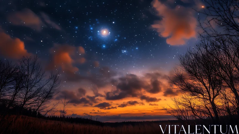 Night sky over silhouetted trees presents bright circular stars