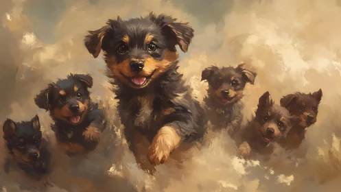 Puppy cloud parade races through a dreamy painted sky.