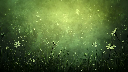 Backlit meadow silhouettes dissolve into luminous green haze