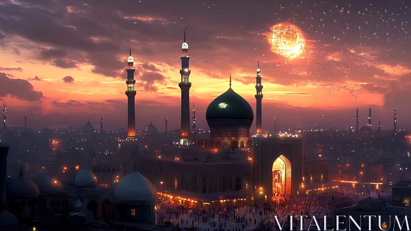 Golden evening over a glowing mosque and bustling city