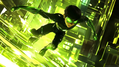 Cyber runner charges through neon green digital cityscape.