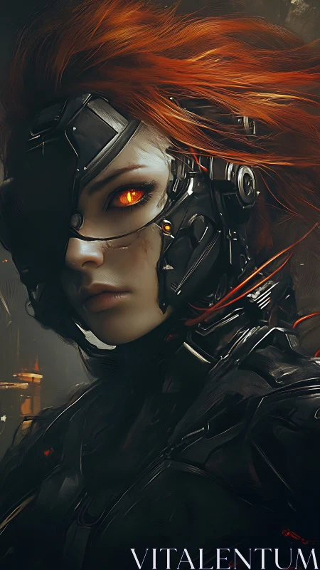 Cybernetic warrior portrait with burning amber eye detail.