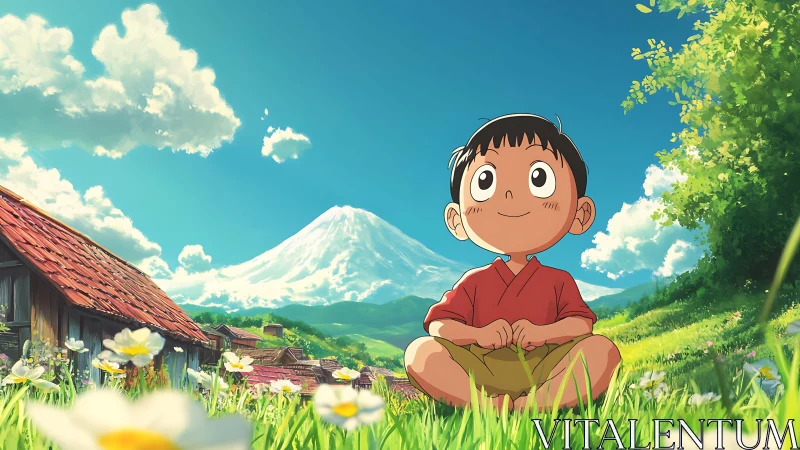 Child in alpine meadow under stratocumulus-lit volcanic summit.