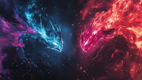 Elemental nebula dragons in opposing blue and red plasma forms