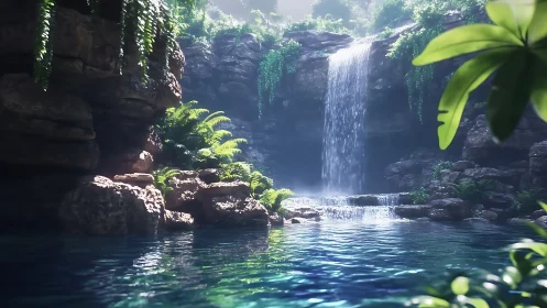 Lush hidden waterfall grotto with clear tropical pool.