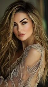 Portrait captures elegant woman in sheer embroidered lace