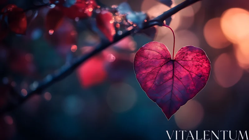 Heart-Shaped Leaf Glowing with Warm Luminescence Against Bokeh Background.