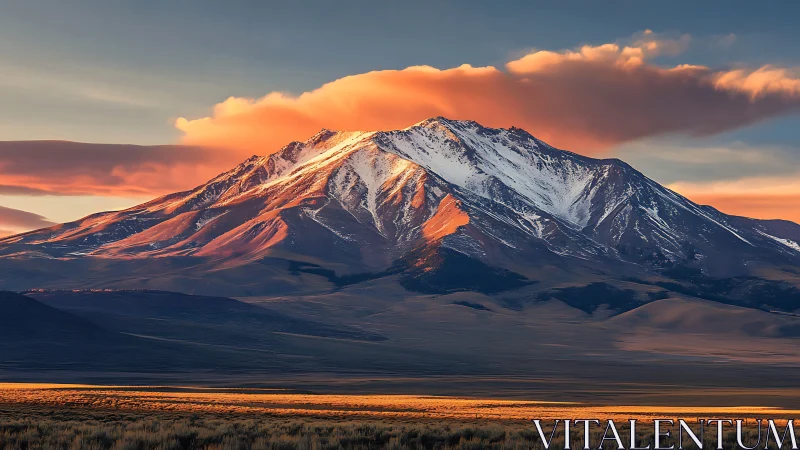 Snowcapped mountain ridge catches warm sunrise light