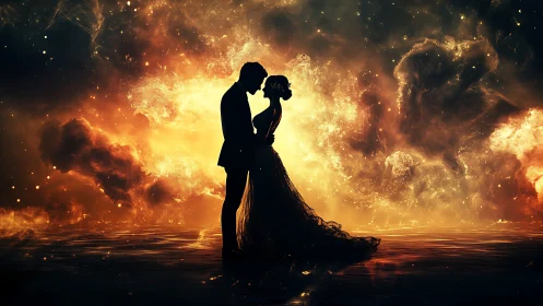 Silhouetted Couple Embrace Against Incandescent Celestial Nebula.