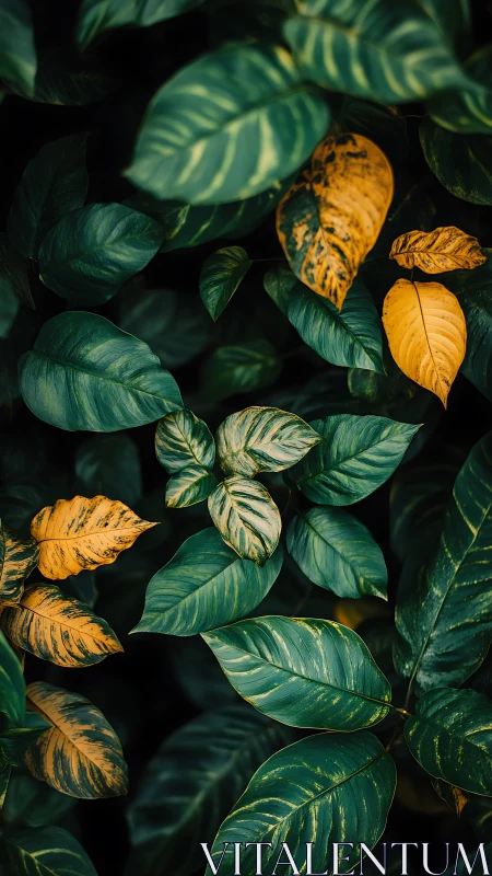 Golden-tipped tropical leaves glow gently against deep shade