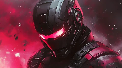 Crimson armored cyborg in glowing visor haze of battle.
