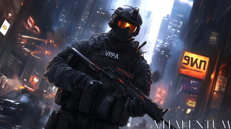 Futuristic tactical operator in neon-lit rainy megacity street.
