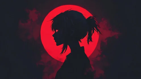 Silhouetted anime girl faces blood-red moon in darkness.