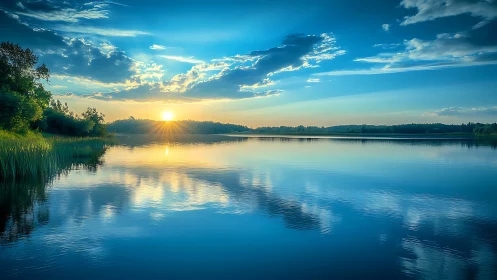 Low-angle wide lake sunset with symmetric cloud reflections and reeds
