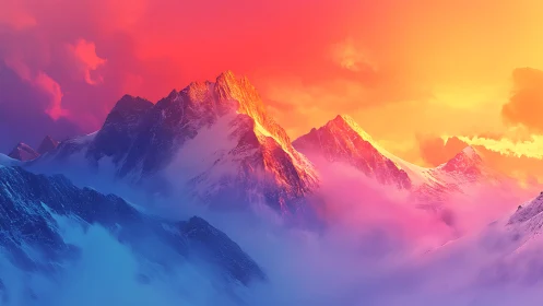 Luminous alpine peaks rise above neon mist at sunrise