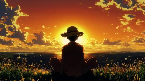 Solitary straw hat figure watches blazing seaside sunset