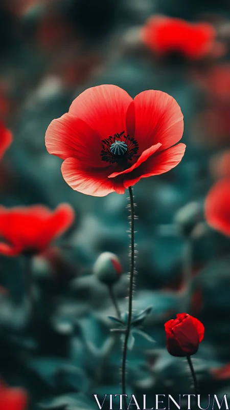 Scarlet poppy rises against dreamy teal garden blur.