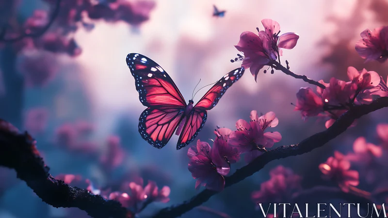 Macro-lit butterfly stabilizes mid-flight above pink blossom branch