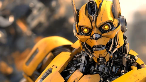 Yellow humanoid robot close-up with mechanical details.