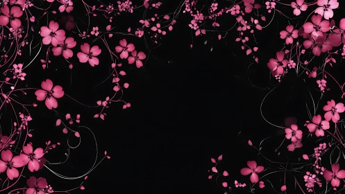 Luminous Petals Dance: Pink Blossoms Against Void.
