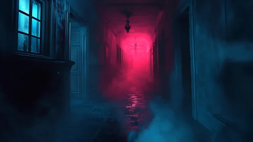Neon haunted corridor drowned in crimson fog and cyan chill.
