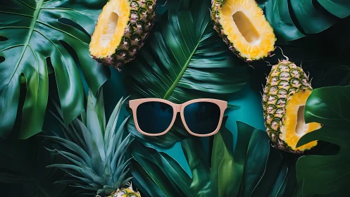 Pastel sunglasses with pineapples on tropical monstera foliage
