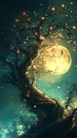 Twisting blossom tree silhouetted against luminous moon.