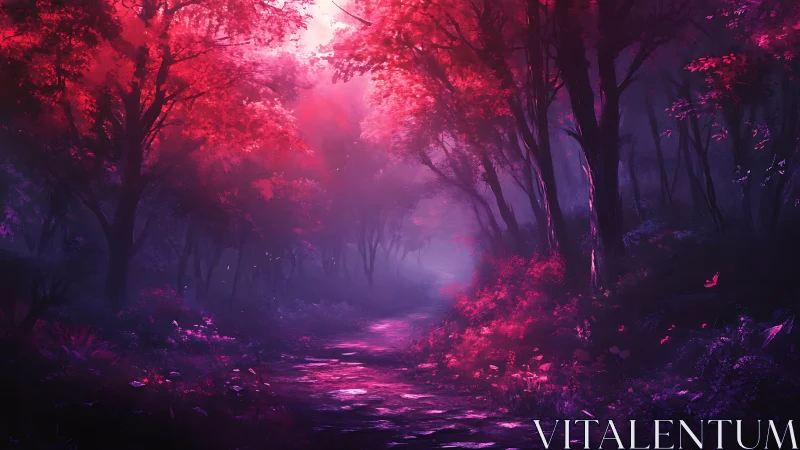 Neon Forest Pathway: Magenta Luminescence Through Shadowed Woodland.