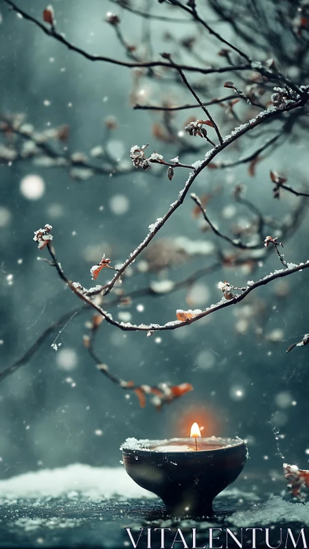 Candle flame remains steady beneath snow covered tree branches