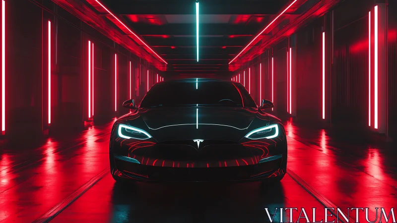 Sleek electric car glows under neon red and cyan lights